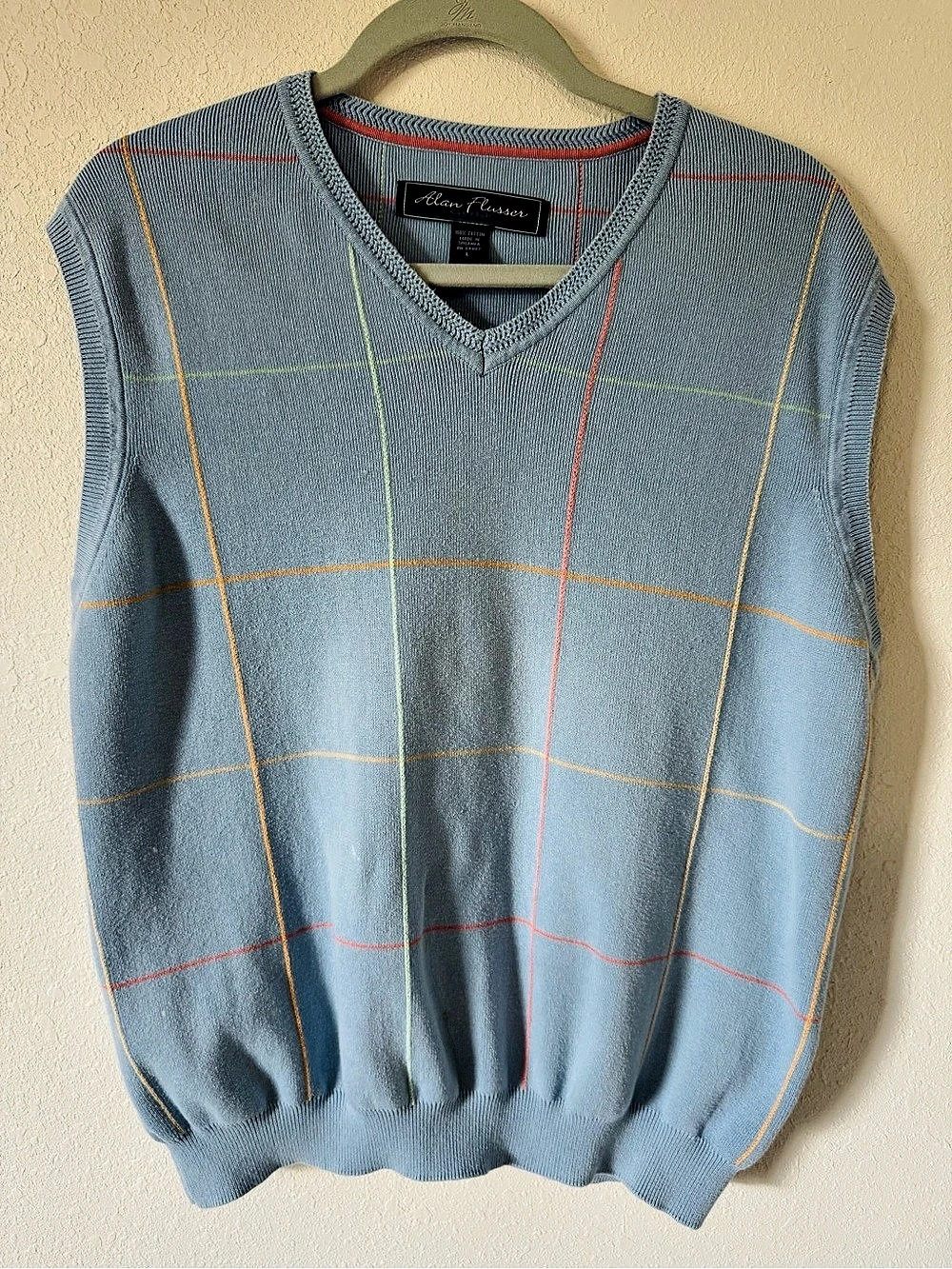 Alan Flusser V-Neck Cotton Sweater in Blue Size Large